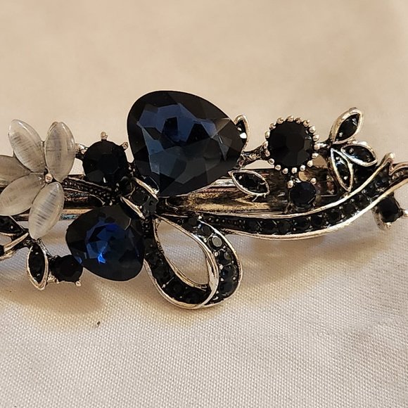 Vintage Silver Crystals Flower Hair Clip Barrette - Picture 2 of 3